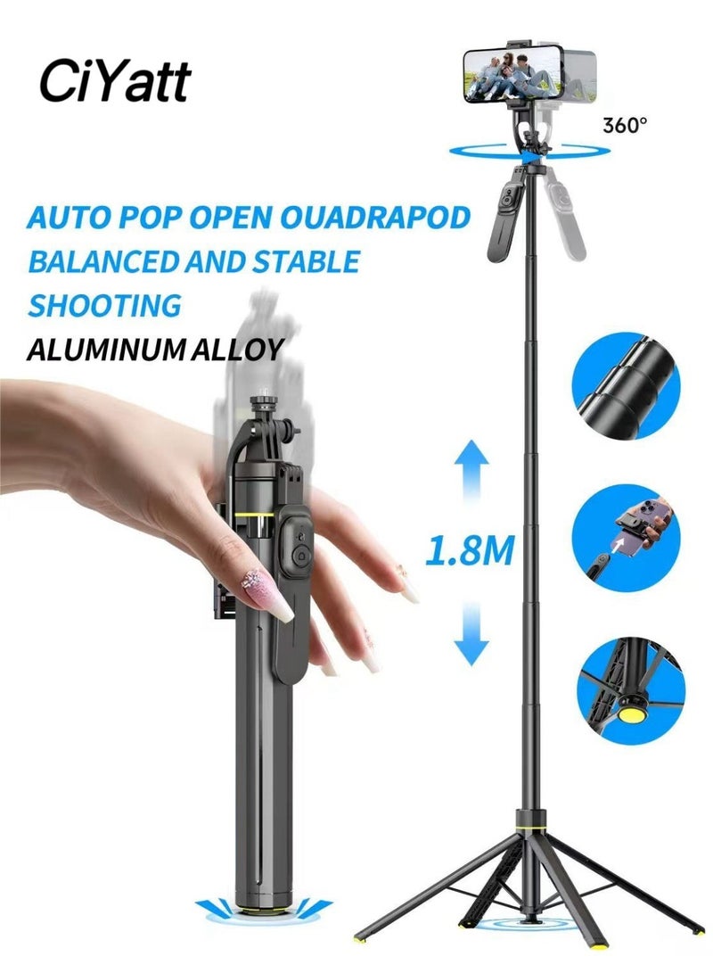 CiYatt 71.25 Inches  Extra Long Selfie Stick Tripod Anti-shake Selfie Stick with auto open,Quadripod Stand with Rechargeable Bluetooth Remote for Mobile Phone, Suitable for both smartphone and camera - Image 1